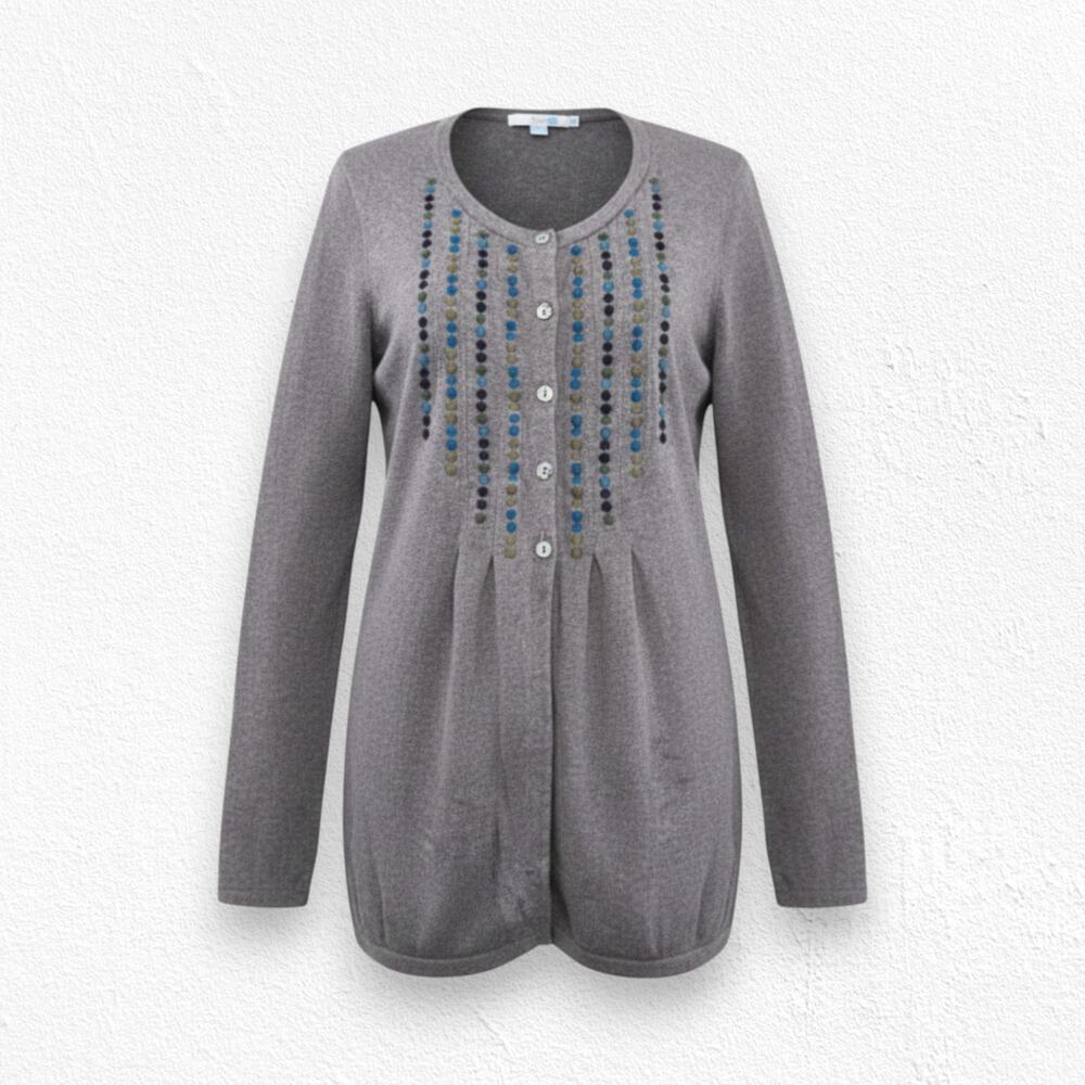 Boden Gray Taupe Embroidered Button Front Cardigan Sweater Wool Blend Size 6